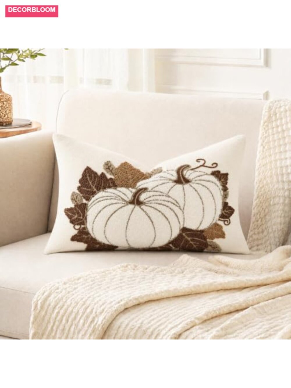 Embroidered Floral Decorative Lumbar Pillow Cover 12x20 Cotton Burlap